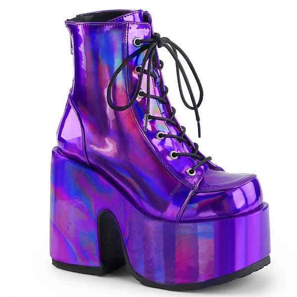 Demonia Women's Camel-203 Platform Ankle Boots - Purple Hologram Vegan Leather D6492-81US Clearance
